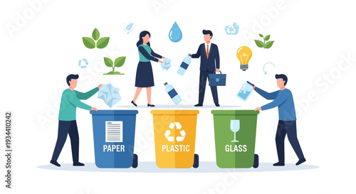 People Sorting Waste for Recycling: Paper, Plastic, Glass Bins. Environmental Protection, Sustainability, and Eco-Friendly Waste Management Concept Illustration.
