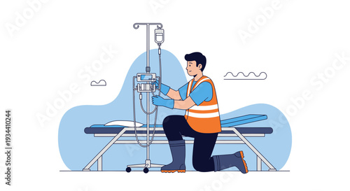 Healthcare Professional Setting Up IV Drip Infusion Pump and Saline Bag