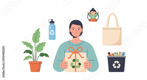 Sustainable Living Concept: Person with Recycle Gift, Reusable Bottle, Tote Bag, Plant & Recycling Bin - Eco-Friendly Lifestyle Illustration