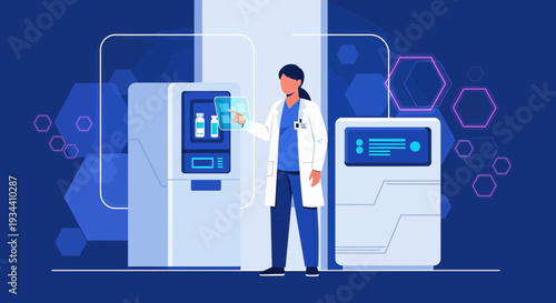 Healthcare Professional Using Futuristic Medical Dispenser for Treatment and Analysis