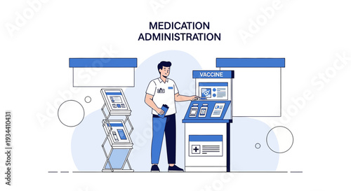 Healthcare worker administering medication at vaccination station with informational displays
