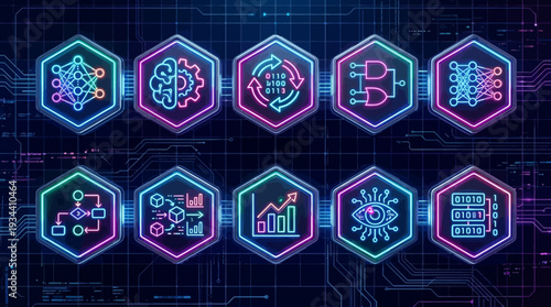 Neon Hexagons with Various Technology Icons Inside.