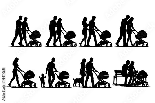 Silhouettes of families: walking with strollers and interacting with pets.
