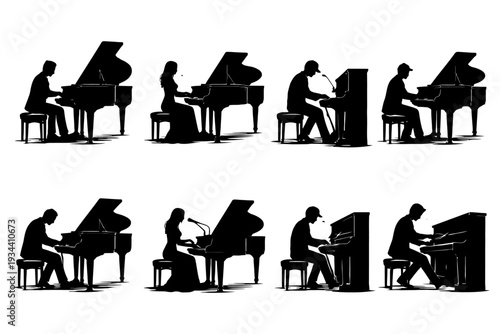 Silhouettes of musicians playing grand and upright pianos in various poses.