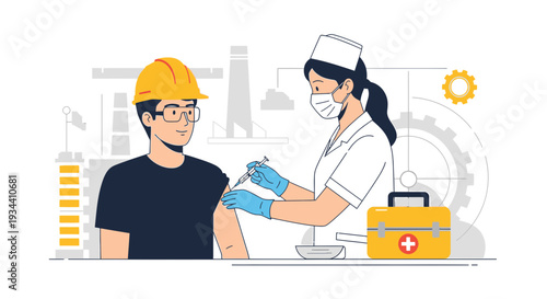 Healthcare Worker Administers Vaccine to Industrial Worker in Factory Setting