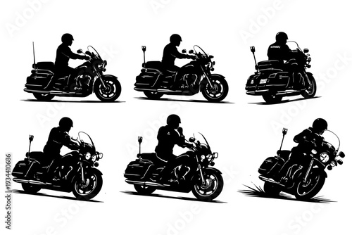 Silhouette of male motorcyclist on cruiser bike in various riding positions.