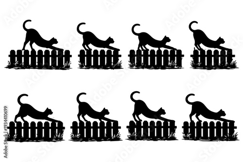 Silhouette of cat stretching on fence repeated in eight patterns.