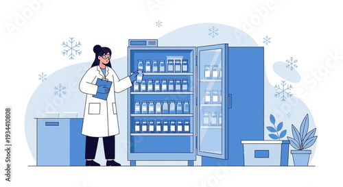 Healthcare worker checking vaccines in a refrigerator, medical research, cold storage