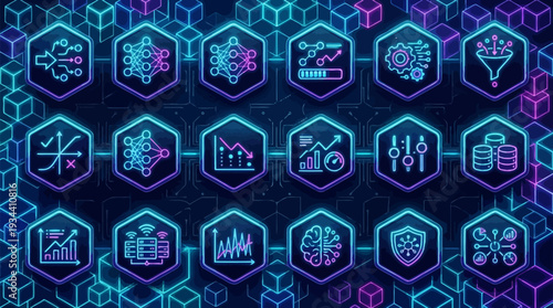 Collection of Neon Icons Representing Business Concepts.