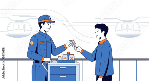 Healthcare Worker Gives Medicine to Patient with Cable Cars in Background