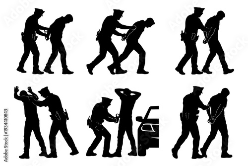 Silhouettes of police officer arresting male suspect in various positions.