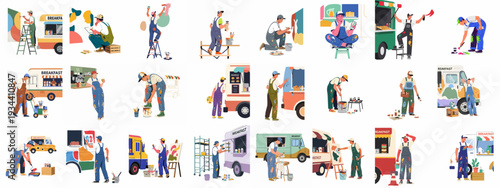 Diverse artists customize food trucks and murals, expressing creativity through painting and design, blending art with daily life and commercial ventures.