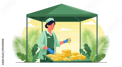 Healthcare worker distributing medication at an outdoor clinic or market stall.