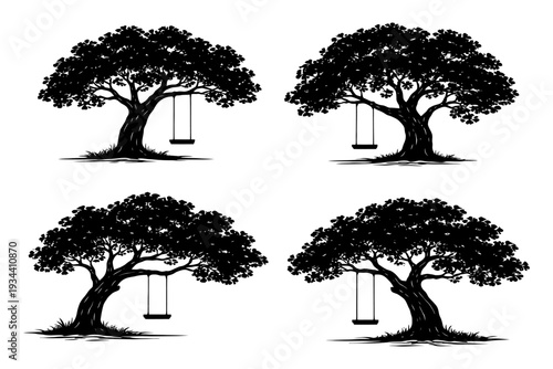 Silhouette of trees with swings in four separate designs.