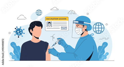 Healthcare worker gives patient vaccine injection, vaccination card and virus icons