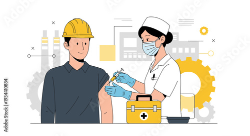 Healthcare worker gives vaccination injection to industrial worker in factory setting
