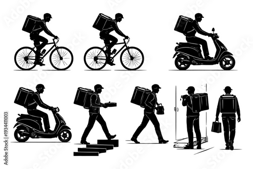 Silhouette of delivery workers on bicycles and scooters in various actions.