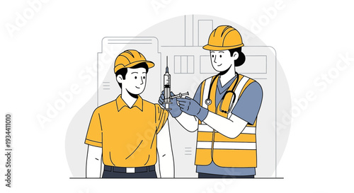 Healthcare worker gives vaccine to construction worker in uniform and hard hat
