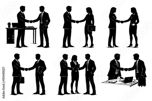 Business professionals silhouettes engaged in meetings and handshakes.