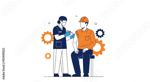 Healthcare worker gives vaccine injection to industrial worker, gears background