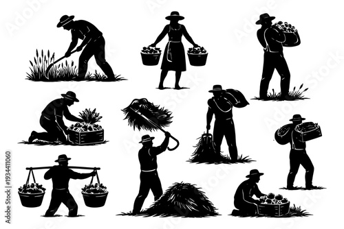 Silhouettes of farmers harvesting crops: diverse tasks and tools in agriculture.