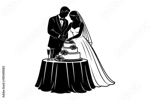Silhouette of bride and groom cutting wedding cake together.