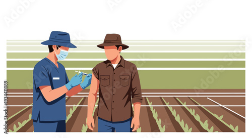Healthcare worker giving vaccination to farmer in field, rural health concept