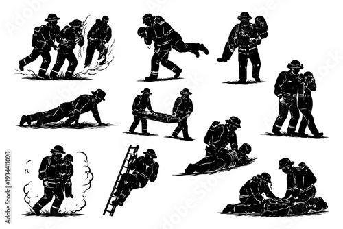 Firefighters performing rescue operations with victims and equipment.