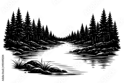 Black and white forest river illustration with pine trees and rocks.