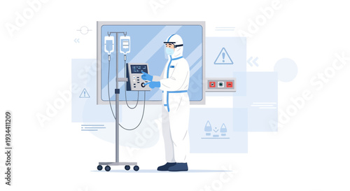 Healthcare Worker in Hazmat Suit Adjusts IV Drip Machine with Monitor