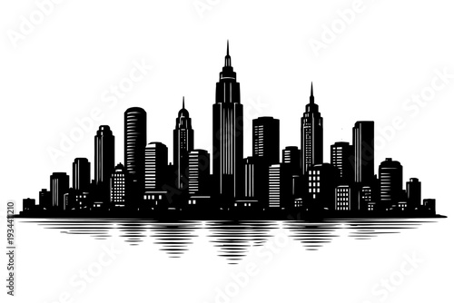 Monochrome urban skyline silhouette with reflections.
