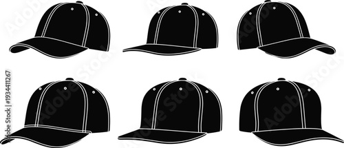Set of black baseball cap silhouettes from different angles including front side and back view for apparel design and fashion branding concepts flat vecto