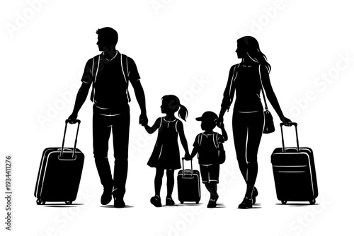 Silhouetted family traveling with luggage.