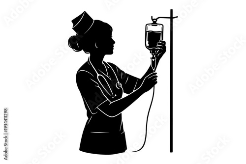 Silhouette of female nurse adjusting iv drip.