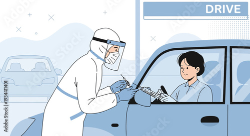 Healthcare Worker in PPE performs COVID-19 test on driver through car window