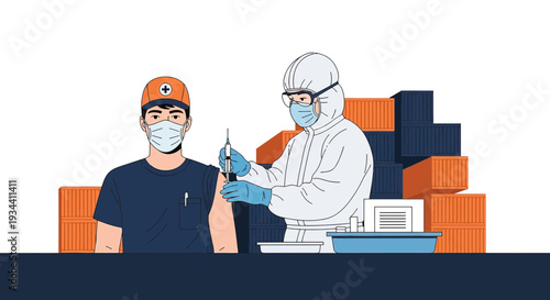 Healthcare worker in PPE vaccinates a man in front of shipping containers, logistics concept