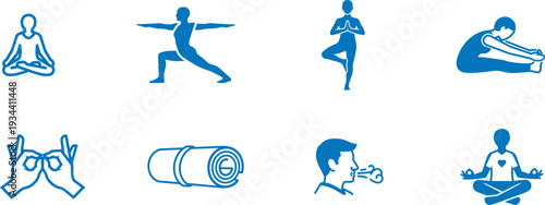 Yoga icon set for wellness, fitness, and mental health symbols