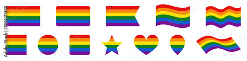 Pride flag set, LGBT rainbow flag icon, heart, gay symbol