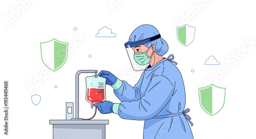 Healthcare worker in protective gear administering blood transfusion with shields