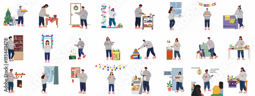 People enjoying festive home activities and winter holidays, preparing delicious food, decorating, and celebrating with gifts, creating a cozy and joyful atmosphere.