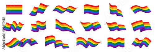 Pride flag set, LGBT rainbow flag icon symbol, waving flag