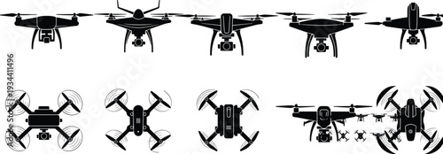 Set of black drone silhouettes featuring various quadcopter models and aerial photography equipment in front and top down views isolated on white background flat vector (25 words)