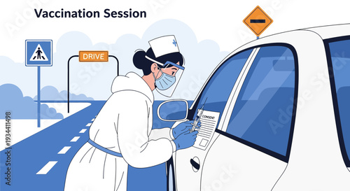 Healthcare worker in protective gear administering vaccine at drive-thru clinic