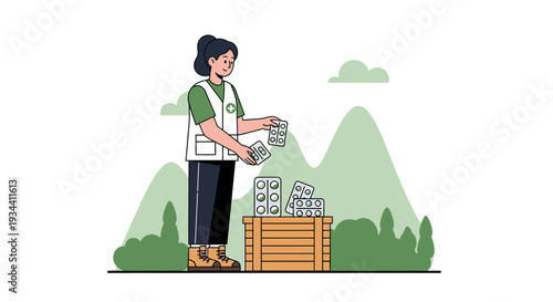 Healthcare Worker Organizes Medication Packs in Wooden Box near Mountains