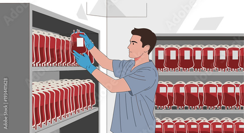 Healthcare Worker Organizes Blood Bags in Storage