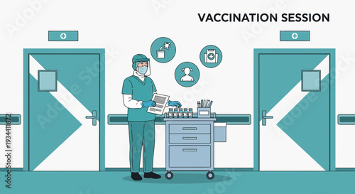 Healthcare Worker Prepares for Vaccination Session in Clinic Corridor