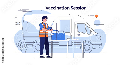 Healthcare worker prepares injection in mobile clinic van for vaccination session