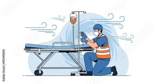 Healthcare worker prepares IV drip next to hospital bed during a storm