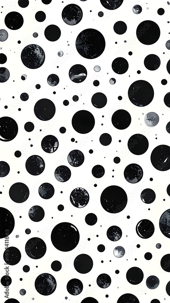 Fototapeta premium Black circular blotches of various sizes are scattered across a white background, creating a pattern. The circles display a mottled texture