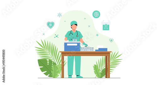 Healthcare worker preparing medical supplies, vaccines, and medications for patient care.